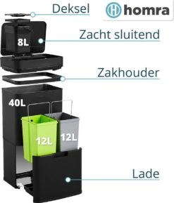 Homra Nexo Afvalscheiding Sensor Prullenbak Zwart 72 Liter - 3 Vakken - 2x12L+48L - Infrarood Sensor - Design Trio Afvalemmer - Afvalscheidingsprullenbak - Keuken Afvalemmer - Recycle Afvalbak - Hygiënisch - Kantoor Vuilbak - Elektrisch - Vuilnisbak -Huishoudelijke Schoonmaak 1026x1200 2