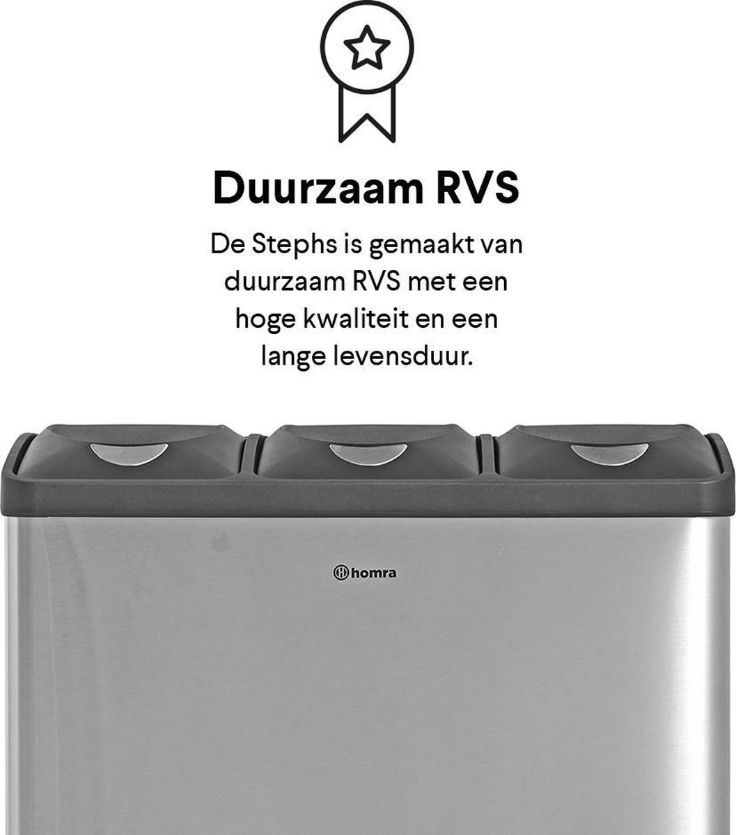 Homra STEPHS Afvalscheiding Prullenbak Met 3 Vakken - 3 X 15L Inhoud - Trio Pedaalemmer - 45 Liter - Vingerafdrukvrij - Vuilafstotend - Anti-slip - Hoogwaardig RVS - Duurzaam ABS Kunststof - RVS - Hygiënisch Recyclen - Afvalscheidingsprullenbak 6 Homra STEPHS Afvalscheiding Prullenbak Met 3 Vakken - 3 X 15L Inhoud - Trio Pedaalemmer - 45 Liter - Vingerafdrukvrij - Vuilafstotend - Anti-slip - Hoogwaardig RVS - Duurzaam ABS Kunststof - RVS - Hygiënisch Recyclen - Afvalscheidingsprullenbak - Afbeelding 4