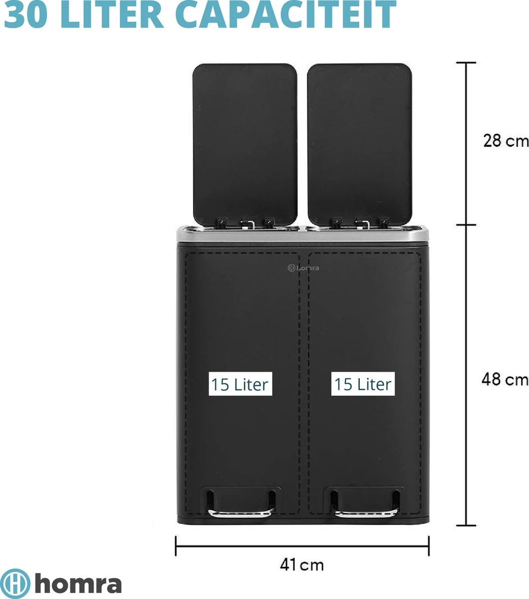 Homra BLINQ Afvalscheiding Prullenbak Met 2 Vakken - 2 X 15 L Inhoud - Duo Pedaalemmer Zwart - Afvalemmer 30 Liter - Recycle Afvalbak - Zwarte Afvalscheidingsprullenbak - Hygiënisch Afval Scheiden - Keuken Vuilbak - Kantoor 8 Homra BLINQ Afvalscheiding Prullenbak Met 2 Vakken - 2 X 15 L Inhoud - Duo Pedaalemmer Zwart - Afvalemmer 30 Liter - Recycle Afvalbak - Zwarte Afvalscheidingsprullenbak - Hygiënisch Afval Scheiden - Keuken Vuilbak - Kantoor - Afbeelding 6