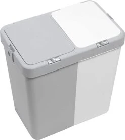 Motek® - Wasmand - 2 Vakken Met Deksel - Met Touch Deksel - Gemaakt Van 100% Gerecycled Kunststof - 80 L - Wasmand Met Deksel - Wassorteerder - Grijs - Wit -Huishoudelijke Schoonmaak 1072x1200 2