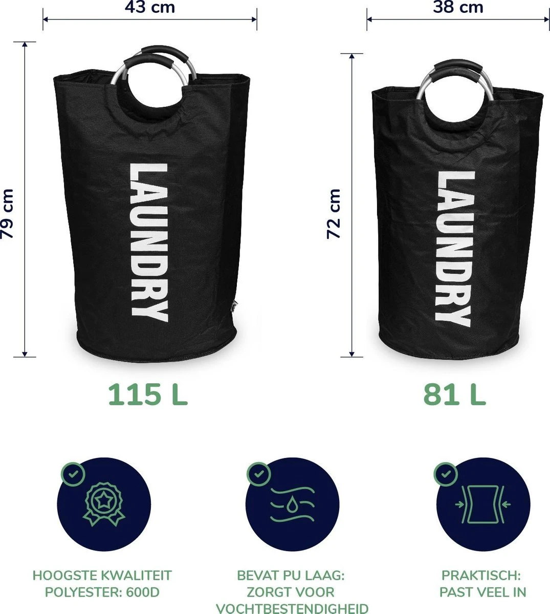 Wonair Wasmand – Waszak – Laundry Bag - Wassorteerder - Opvouwbaar – 81L – Zwart 10 Wonair Wasmand – Waszak – Laundry Bag - Wassorteerder - Opvouwbaar – 81L – Zwart - Afbeelding 8