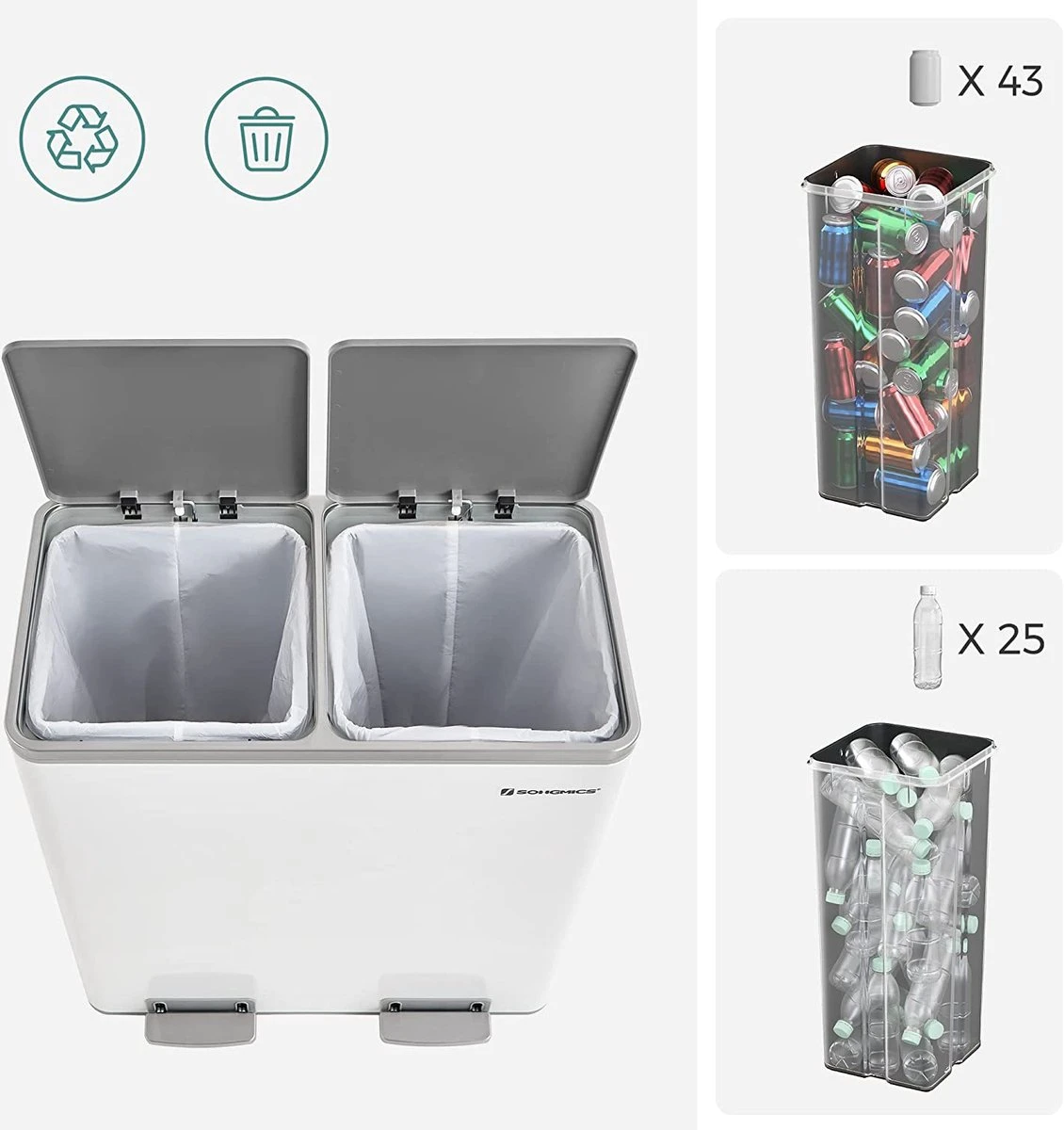Songmics - Prullenbak - 60 Liter Inhoud (2x30) - Met 2 Gescheiden Bakken - RVS - Wit 5 Songmics - Prullenbak - 60 Liter Inhoud (2x30) - Met 2 Gescheiden Bakken - RVS - Wit - Afbeelding 3