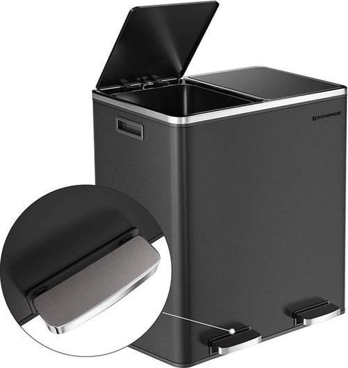 Songmics - Prullenbak - 60 Liter Inhoud (2x30) - Met 2 Gescheiden Bakken - RVS - Zwart 6 Songmics - Prullenbak - 60 Liter Inhoud (2x30) - Met 2 Gescheiden Bakken - RVS - Zwart - Afbeelding 4
