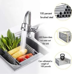 IBright Verstelbare Keukenrek - Gootsteen Mand - Afdruiprek – Vergiet – Verstelbaar In Lengte - Uitschuifbaar - RVS Grijs -Huishoudelijke Schoonmaak 1174x1200 2