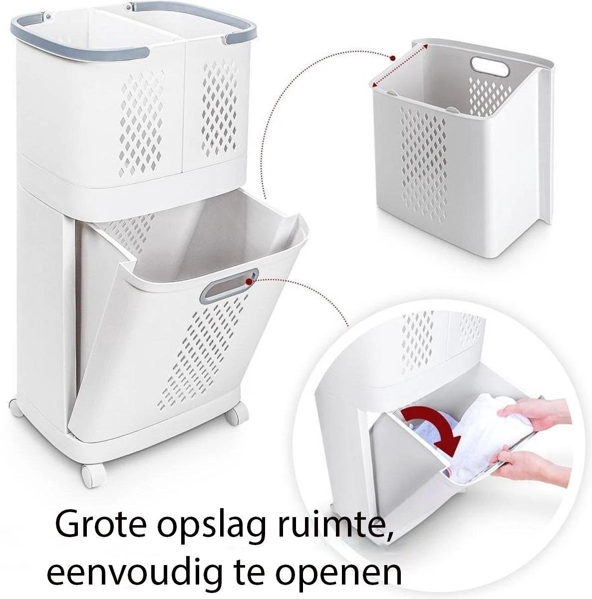 Sens Design Wasmanden Met Deksel - Wassorteerder 3 Vakken Op Wieltjes 4 Sens Design Wasmanden Met Deksel - Wassorteerder 3 Vakken Op Wieltjes - Afbeelding 3