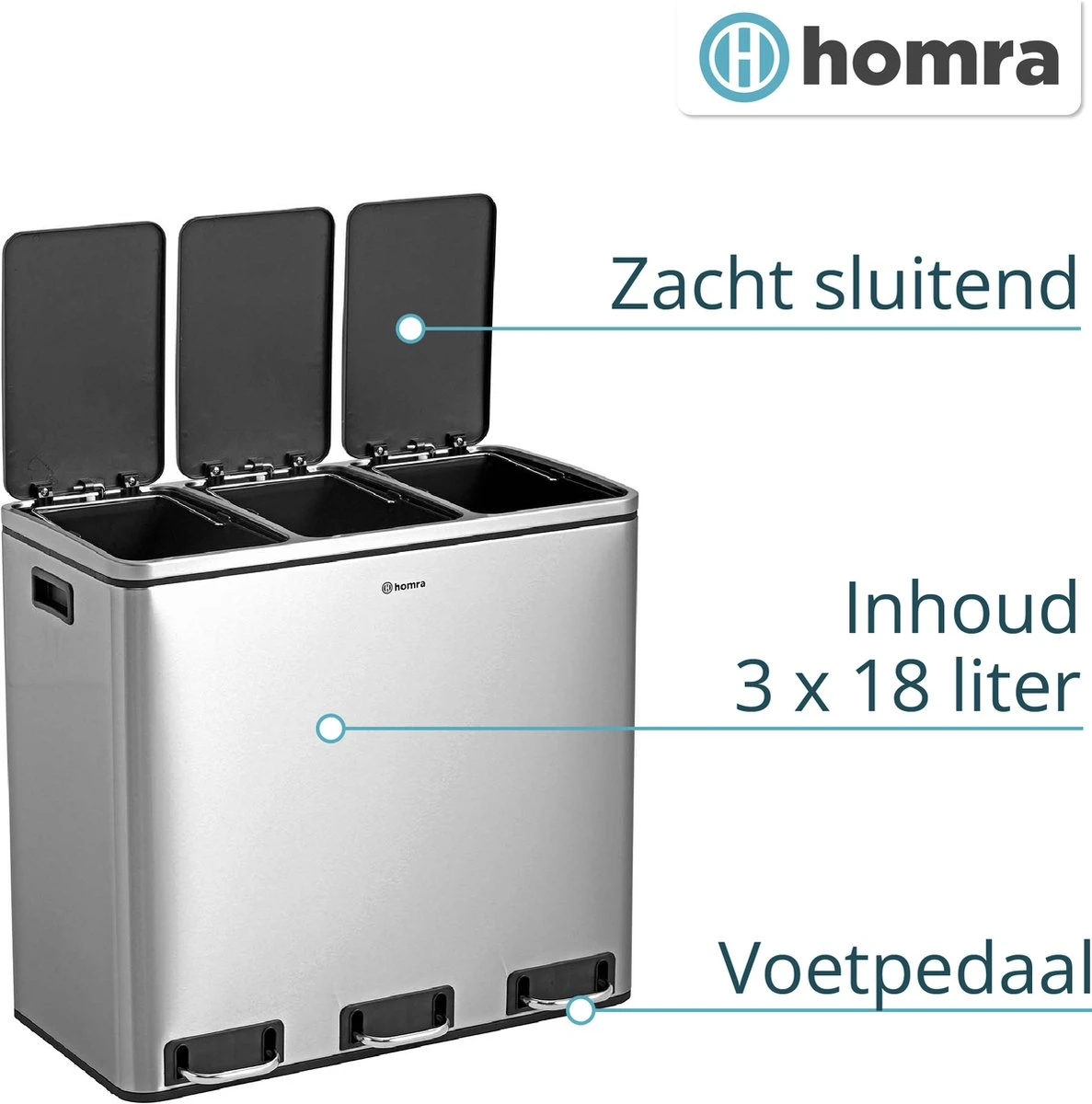 Homra SPARQ Afvalscheiding Prullenbak Met 3 Vakken - 3 X 18 L Inhoud - 54 Liter - RVS - Trio Pedaalemmer - 3-vaks Recycle Afvalemmer - Hygiënisch Afval Scheiden - Vuilbak Zilver - Kantoor Prullenbak - Pedaal Emmer - Afvalscheidingsprullenbak 9 Homra SPARQ Afvalscheiding Prullenbak Met 3 Vakken - 3 X 18 L Inhoud - 54 Liter - RVS - Trio Pedaalemmer - 3-vaks Recycle Afvalemmer - Hygiënisch Afval Scheiden - Vuilbak Zilver - Kantoor Prullenbak - Pedaal Emmer - Afvalscheidingsprullenbak - Afbeelding 7