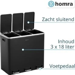 Homra SPARQ Afvalscheiding Prullenbak 3 Vakken - 3 X 18 L Inhoud - 54 Liter - Zwart - RVS - Trio Pedaalemmer - 3-vaks Recycle Afvalemmer - Hygiënisch Afval Scheiden - Zwarte Keuken Vuilbak - Kantoor Prullenbak - Pedaal - Afvalscheidingsprullenbak -Huishoudelijke Schoonmaak 1196x1200 13