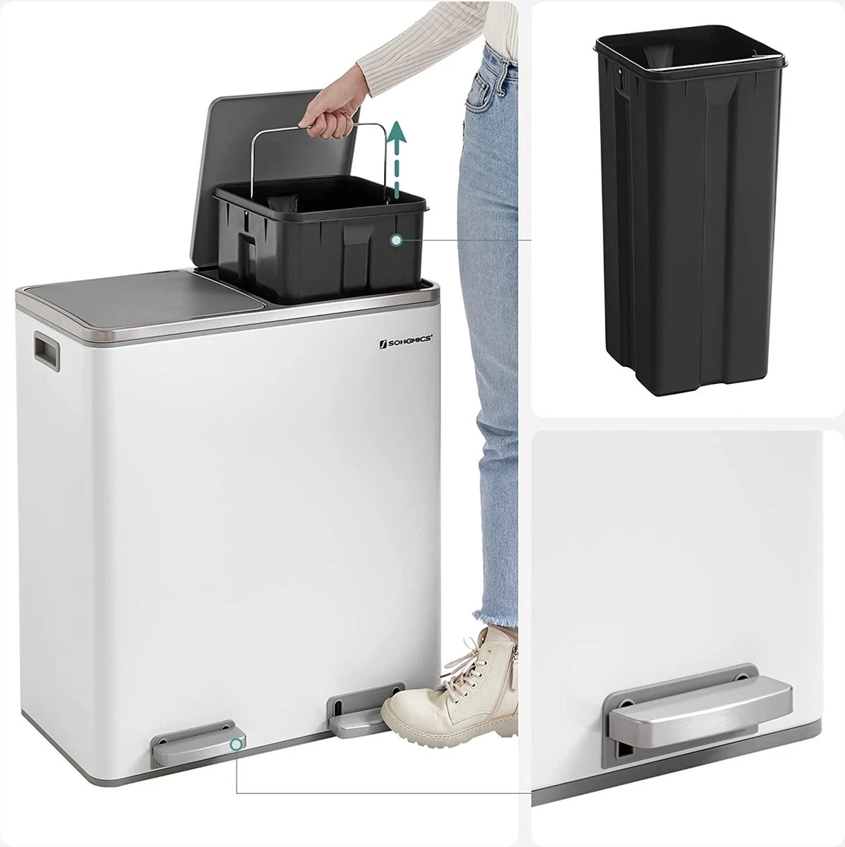 Songmics - Prullenbak - 60 Liter Inhoud (2x30) - Met 2 Gescheiden Bakken - RVS - Wit 9 Songmics - Prullenbak - 60 Liter Inhoud (2x30) - Met 2 Gescheiden Bakken - RVS - Wit - Afbeelding 7