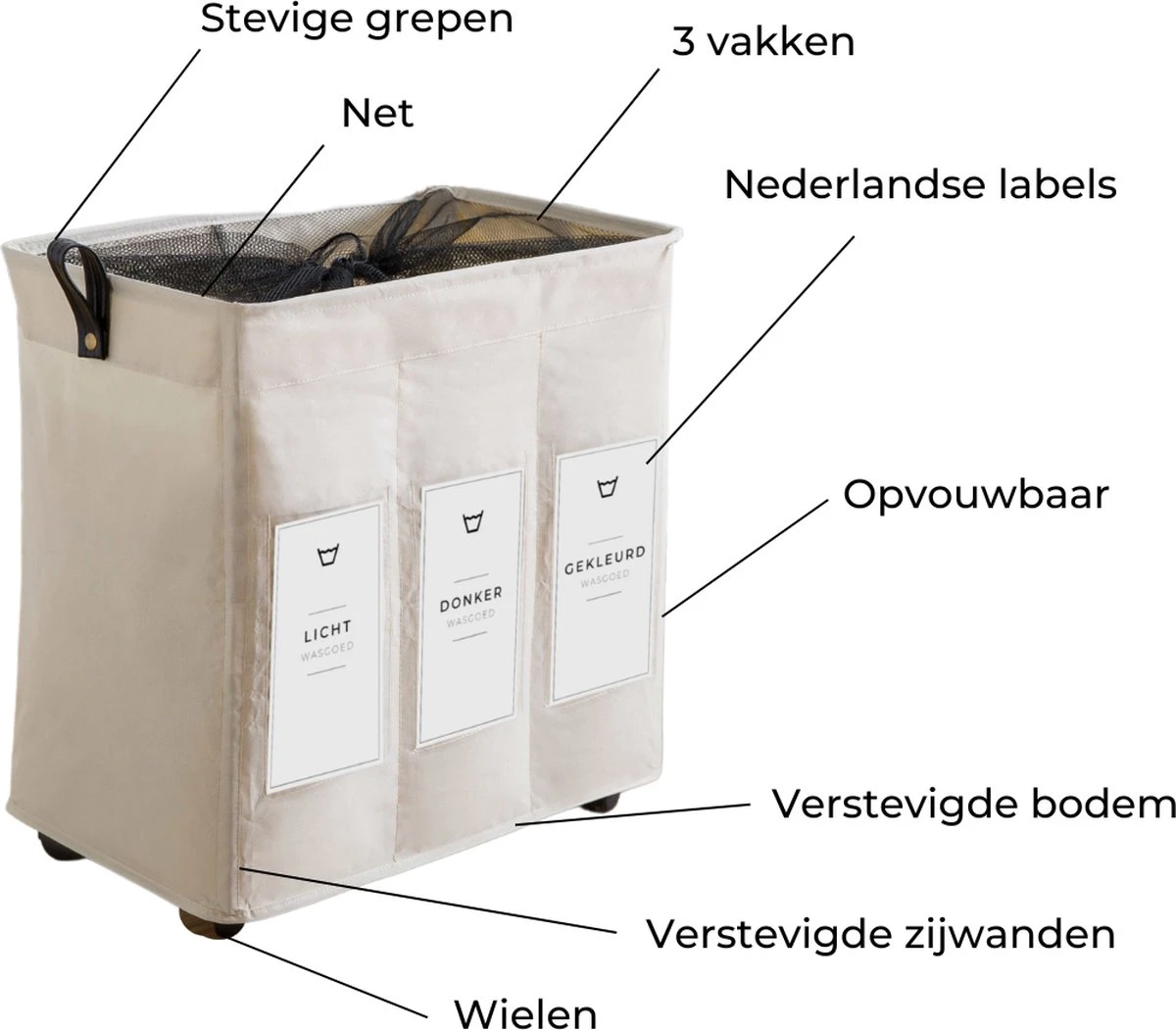Wasmand 3 Vakken - Hotel Wassorteerder - NL Opdruk & Wielen - Opvouwbaar - Hotel - 100 Liter 3 Wasmand 3 Vakken - Hotel Wassorteerder - NL Opdruk & Wielen - Opvouwbaar - Hotel - 100 Liter