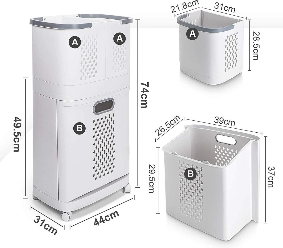 Sens Design Wasmanden Met Deksel - Wassorteerder 3 Vakken Op Wieltjes 3 Sens Design Wasmanden Met Deksel - Wassorteerder 3 Vakken Op Wieltjes - Afbeelding 2