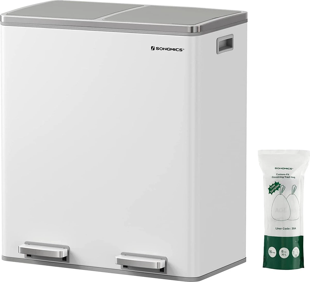 Songmics - Prullenbak - 60 Liter Inhoud (2x30) - Met 2 Gescheiden Bakken - RVS - Wit 3 Songmics - Prullenbak - 60 Liter Inhoud (2x30) - Met 2 Gescheiden Bakken - RVS - Wit