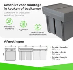 Eleganca Afvalbak 2x20 Liter – Inbouw Prullenbak – Inbouw Afvalemmer 40 Liter – Uittrekbare Vuilnisbak – Afvalemmer Keuken – Hygiënisch – Ruimtebesparend Vuilnisbak – Met 2 Compartimenten – Afvalscheiding Vuilbak – Antraciet – B34,2xD46.9xH38.9cm -Huishoudelijke Schoonmaak 1200x1142 19