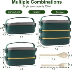 Lunchbox, Bento Box Voor Volwassenen Kinderen, Kinderlunchbox Met Compartimenten, 3-laags Lekvrije Bento-lunchbox Met Vork, Lepel, Geschikt Voor Lunchbox Voor Werk, Kantoor, School (2,25L Groen) -Huishoudelijke Schoonmaak 1200x1149 5