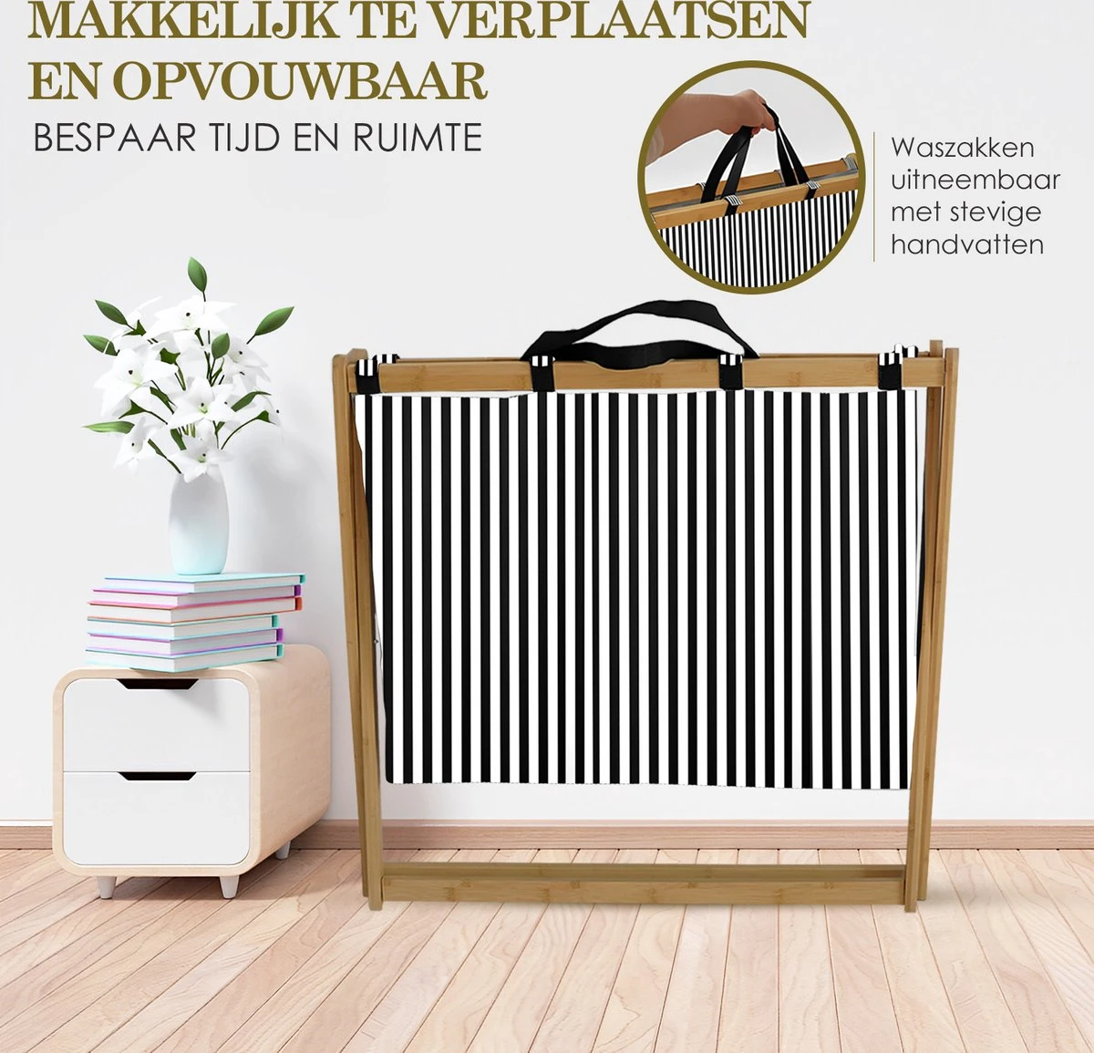 MIRI Wasmand – Wassorteerder – Gestreept – Wasmanden – Wasmand 3 Vakken – Opvouwbaar – Wasbox – Bamboe – 105L – Incl. Schroevendraaier – Laundry Basket – LIMITED EDITION 6 MIRI Wasmand – Wassorteerder – Gestreept – Wasmanden – Wasmand 3 Vakken – Opvouwbaar – Wasbox – Bamboe – 105L – Incl. Schroevendraaier – Laundry Basket – LIMITED EDITION - Afbeelding 4