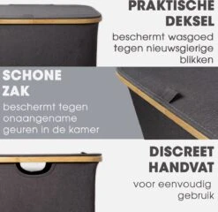 HENNEZ Wasmand 2 Vakken Met Deksel - Van 140L Opvouwbaar Met Scheiding En Een Bamboe Frame - Wassorteerder Inclusief Waszak - Laundry Basket - Wasmanden - Wasbox Zwart -Huishoudelijke Schoonmaak 1200x1166 1