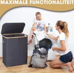 HENNEZ Wasmand 2 Vakken Met Deksel - Van 140L Opvouwbaar Met Scheiding En Een Bamboe Frame - Wassorteerder Inclusief Waszak - Laundry Basket - Wasmanden - Wasbox Zwart -Huishoudelijke Schoonmaak 1200x1174 5