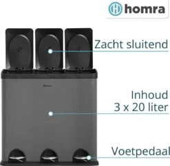 Homra MAXER Pedaalemmer – Prullenbak 3 Vakken – Grijze Afvalemmer 60 Liter (3x 20L) – Trio Prullenbak Grijs – RVS - 3-vaks Prullenbak Afvalscheiding – Afvalbak RVS – Hygiënisch Recyclen - Afval Scheiden - Pedaal Prullenbak Grijs -Huishoudelijke Schoonmaak 1200x1176 12
