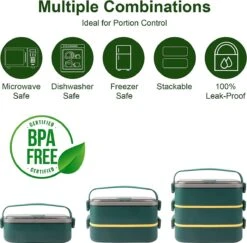 Lunchbox, Bento Box Voor Volwassenen Kinderen, Kinderlunchbox Met Compartimenten, 3-laags Lekvrije Bento-lunchbox Met Vork, Lepel, Geschikt Voor Lunchbox Voor Werk, Kantoor, School (2,25L Groen) -Huishoudelijke Schoonmaak 1200x1181 4