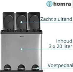 Homra MAXER Pedaalemmer – Prullenbak 3 Vakken – Afvalemmer 60 Liter (3x 20L) – Trio Prullenbak – RVS - 3-vaks Prullenbak Afvalscheiding – Afvalbak RVS – Hygiënisch Recyclen - Afval Scheiden - Pedaal Prullenbak Zilver -Huishoudelijke Schoonmaak 1200x1185 16