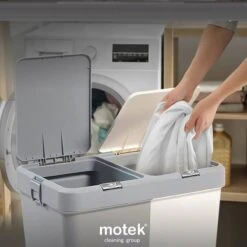 Motek® - Wasmand - 2 Vakken Met Deksel - Met Touch Deksel - Gemaakt Van 100% Gerecycled Kunststof - 80 L - Wasmand Met Deksel - Wassorteerder - Grijs - Wit -Huishoudelijke Schoonmaak 1200x1198 35