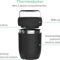 Coninx Thermos Lunchbox - Muesli Beker To Go - Isoleer Lunchpot - Yoghurtbeker To Go - Mueslibeker 840ml (600ml+240ml) - RVS / Zwart -Huishoudelijke Schoonmaak 1200x1198 72