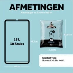 BagFitter Blauw B 15L Vuilniszak Met Trekband Van 100% Gerecycled Plastic - 59,5cm X 40cm - 30 Stuks - 15 Liter - Vuilniszakken - Afvalzakken - Prullenbakzakken Geschikt Voor O.a. Homra Kick Me 3x15L -Huishoudelijke Schoonmaak 1200x1199 42