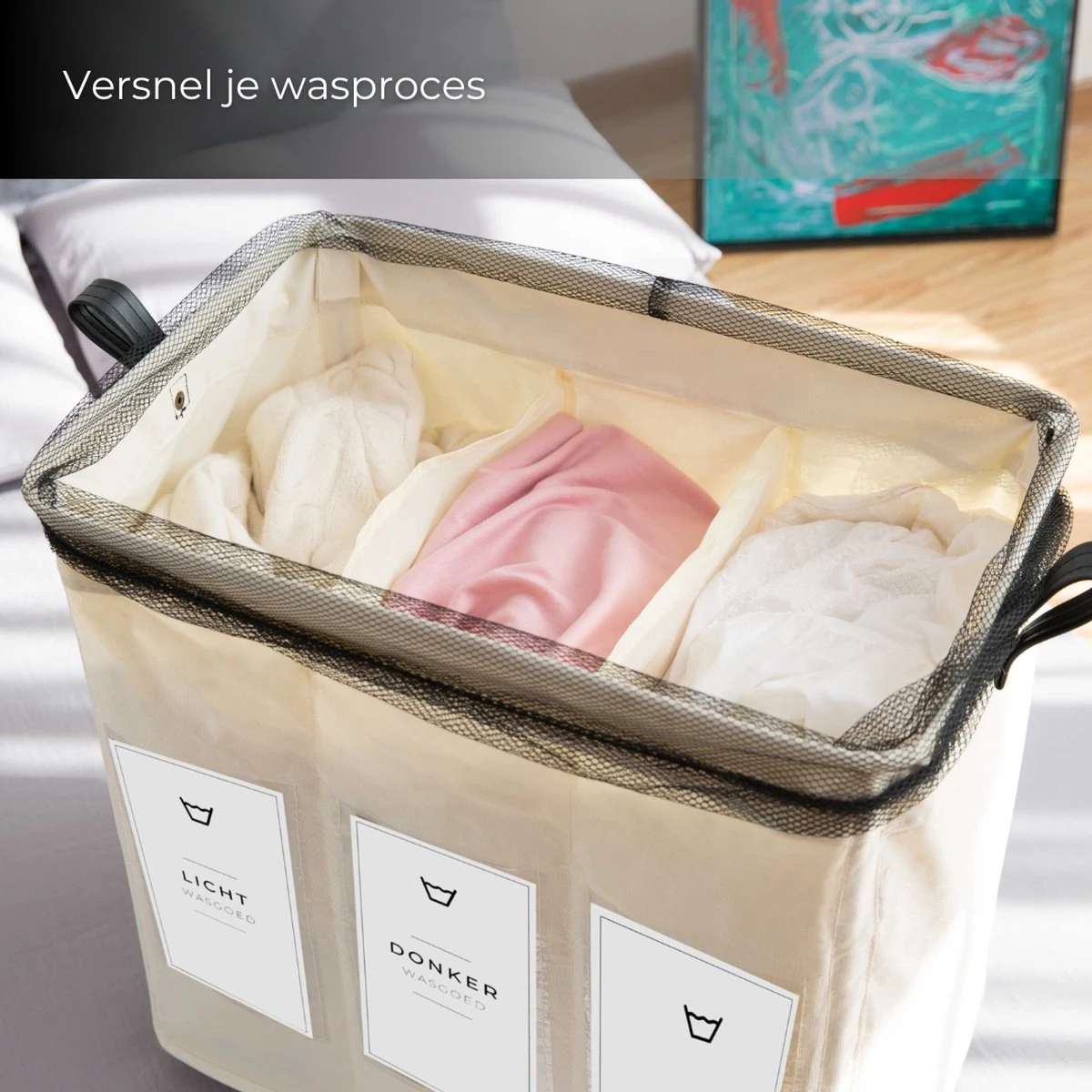 Wasmand 3 Vakken - Hotel Wassorteerder - NL Opdruk & Wielen - Opvouwbaar - Hotel - 100 Liter 5 Wasmand 3 Vakken - Hotel Wassorteerder - NL Opdruk & Wielen - Opvouwbaar - Hotel - 100 Liter - Afbeelding 3