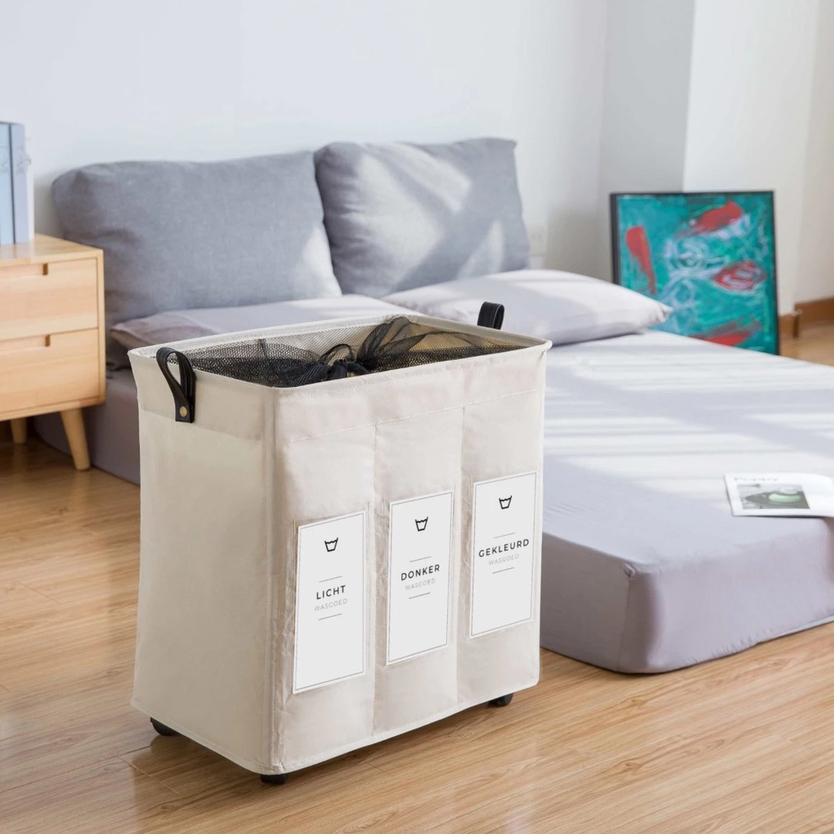 Wasmand 3 Vakken - Hotel Wassorteerder - NL Opdruk & Wielen - Opvouwbaar - Hotel - 100 Liter 8 Wasmand 3 Vakken - Hotel Wassorteerder - NL Opdruk & Wielen - Opvouwbaar - Hotel - 100 Liter - Afbeelding 6