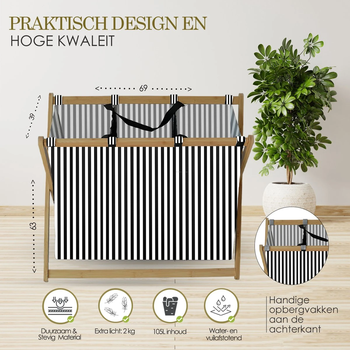 MIRI Wasmand – Wassorteerder – Gestreept – Wasmanden – Wasmand 3 Vakken – Opvouwbaar – Wasbox – Bamboe – 105L – Incl. Schroevendraaier – Laundry Basket – LIMITED EDITION 7 MIRI Wasmand – Wassorteerder – Gestreept – Wasmanden – Wasmand 3 Vakken – Opvouwbaar – Wasbox – Bamboe – 105L – Incl. Schroevendraaier – Laundry Basket – LIMITED EDITION - Afbeelding 5