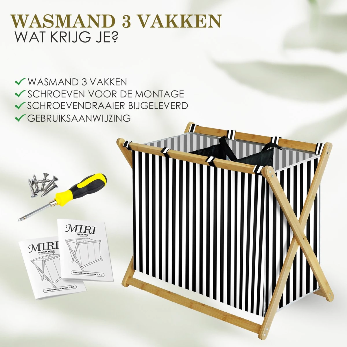 MIRI Wasmand – Wassorteerder – Gestreept – Wasmanden – Wasmand 3 Vakken – Opvouwbaar – Wasbox – Bamboe – 105L – Incl. Schroevendraaier – Laundry Basket – LIMITED EDITION 9 MIRI Wasmand – Wassorteerder – Gestreept – Wasmanden – Wasmand 3 Vakken – Opvouwbaar – Wasbox – Bamboe – 105L – Incl. Schroevendraaier – Laundry Basket – LIMITED EDITION - Afbeelding 7