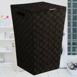 Merkloos Decopatent® Wasmanden Met Deksel - 60 Liter - Geweven Wasmand - Wasbox Met Optil Deksel - Polypropyleen - Afm 33x33x53 Cm - Zwart -Huishoudelijke Schoonmaak 1200x1200 1130