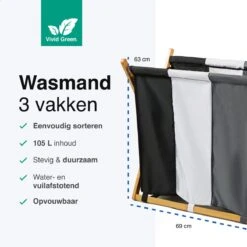 Vivid Green Wasmand Met 3 Vakken - Wassorteerder - Opvouwbaar - Wasmanden - Bamboe - 105L -Huishoudelijke Schoonmaak 1200x1200 1143