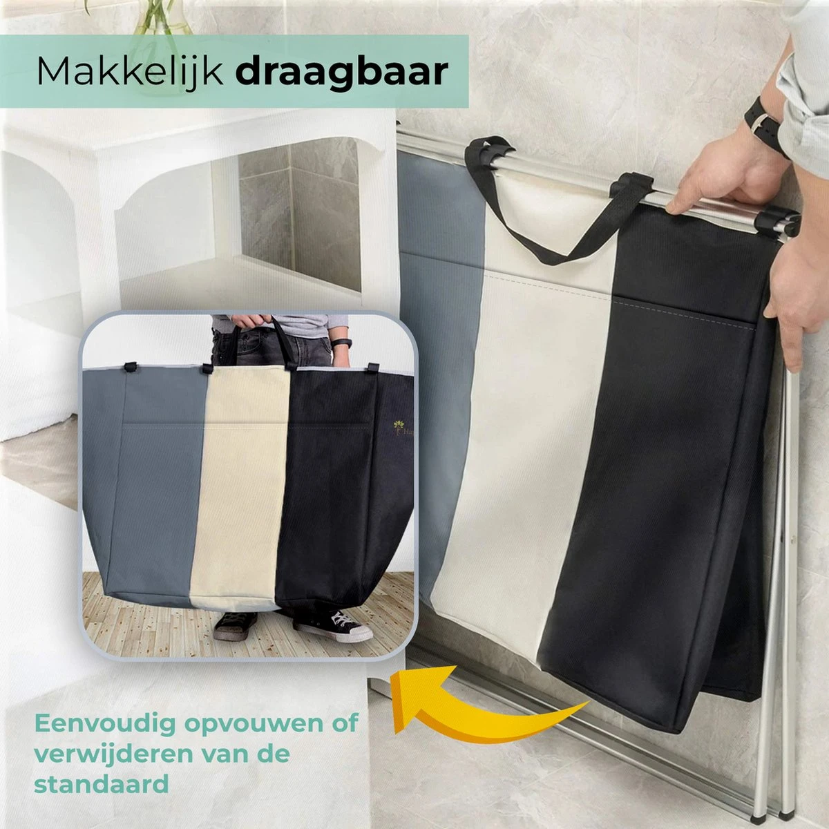 HAPPY LIFE – Wassorteerder – Stevige Grote Wasmand Met 3 Vakken – 118 L Opvouwbaar – Aluminium - Polyester 6 HAPPY LIFE – Wassorteerder – Stevige Grote Wasmand Met 3 Vakken – 118 L Opvouwbaar – Aluminium - Polyester - Afbeelding 4