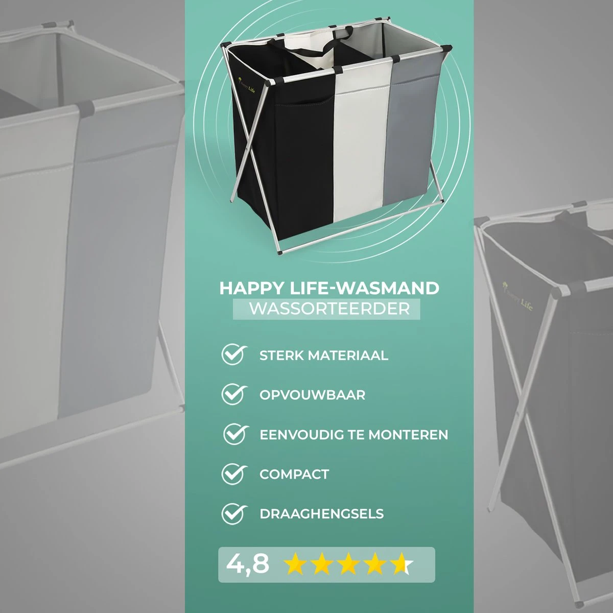 HAPPY LIFE – Wassorteerder – Stevige Grote Wasmand Met 3 Vakken – 118 L Opvouwbaar – Aluminium - Polyester 9 HAPPY LIFE – Wassorteerder – Stevige Grote Wasmand Met 3 Vakken – 118 L Opvouwbaar – Aluminium - Polyester - Afbeelding 7