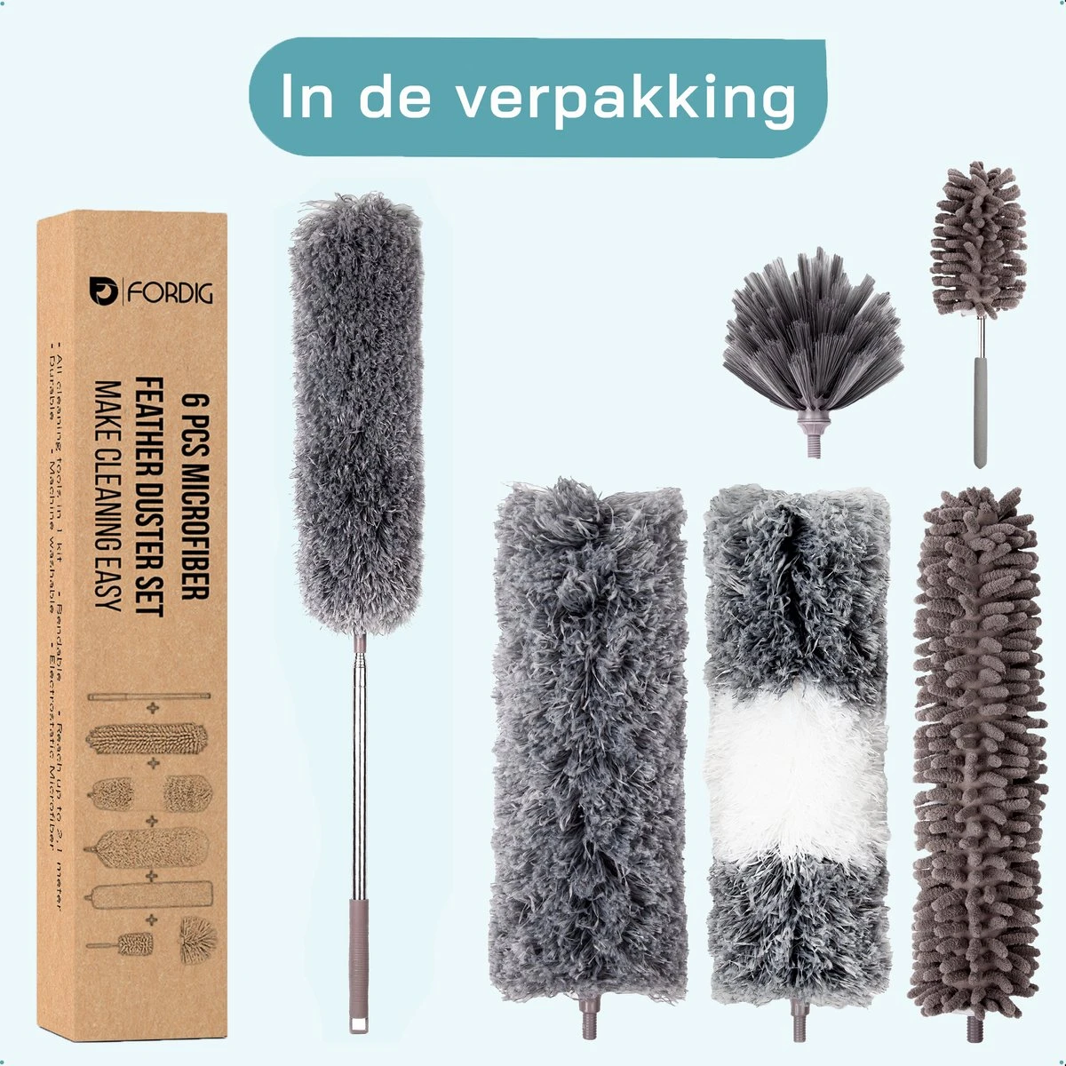 ForDig 7-Delige Plumeau Set - Duster Met Telescoopsteel Uitschuifbaar Tot 250 Cm - Inclusief Ragebol / Voegenborstel / Microvezel Doek / Chenille Borstel - Wasbaar - 360 Graden Draaibaar 11 ForDig 7-Delige Plumeau Set - Duster Met Telescoopsteel Uitschuifbaar Tot 250 Cm - Inclusief Ragebol / Voegenborstel / Microvezel Doek / Chenille Borstel - Wasbaar - 360 Graden Draaibaar - Afbeelding 9
