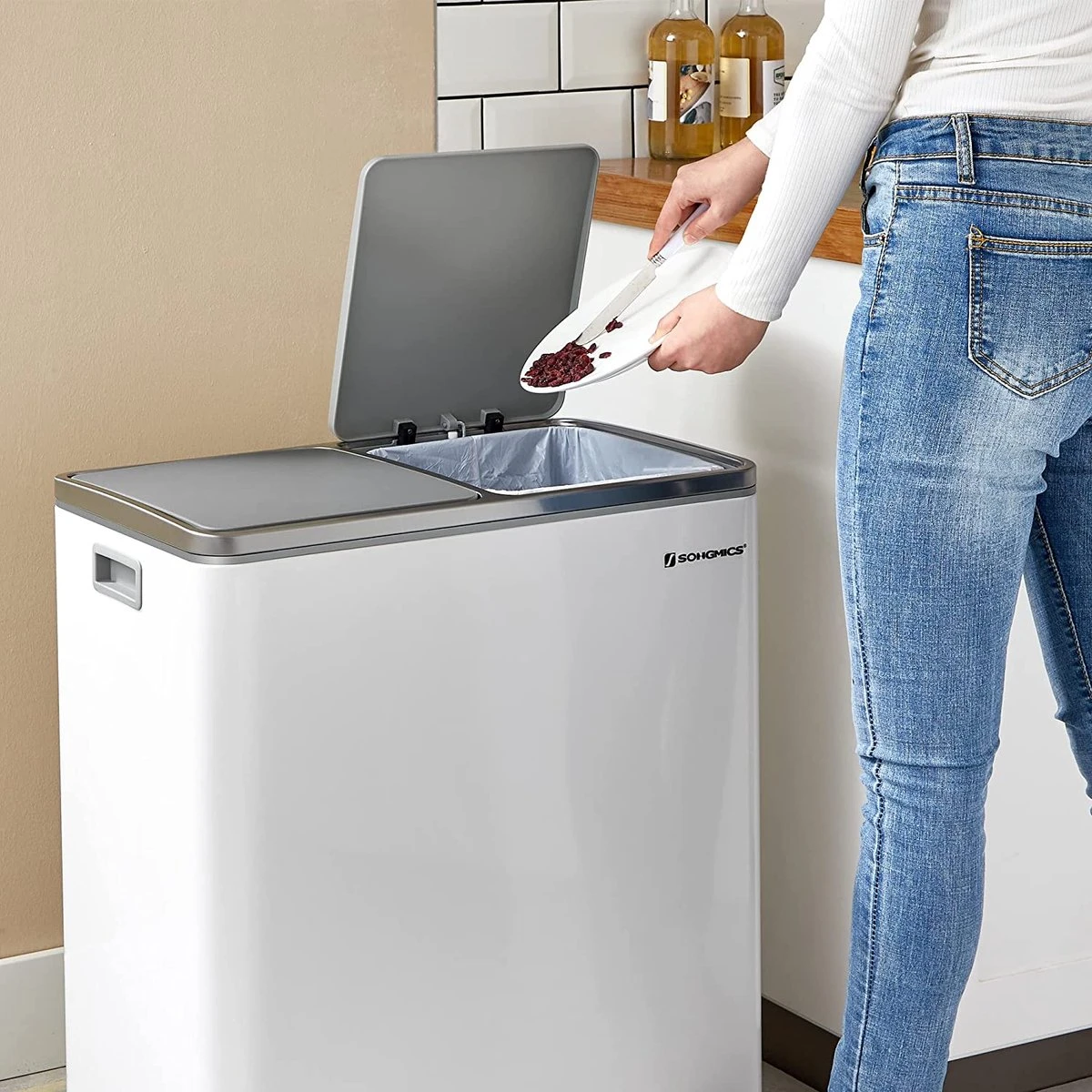 Songmics - Prullenbak - 60 Liter Inhoud (2x30) - Met 2 Gescheiden Bakken - RVS - Wit 7 Songmics - Prullenbak - 60 Liter Inhoud (2x30) - Met 2 Gescheiden Bakken - RVS - Wit - Afbeelding 5