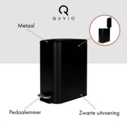 QUVIO Pedaalemmer - Prullenbak Met Deksel - Prullenbakken - Vuilbak - Papierbak - Afvalemmers - Voor Keuken, Badkamer, Kantoor, Toilet En Slaapkamer - Metaal - Met 1 Compartiment - Inhoud 5 Liter - Zwart -Huishoudelijke Schoonmaak 1200x1200 2672