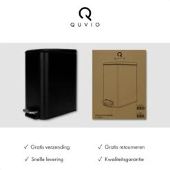 QUVIO Pedaalemmer - Prullenbak Met Deksel - Prullenbakken - Vuilbak - Papierbak - Afvalemmers - Voor Keuken, Badkamer, Kantoor, Toilet En Slaapkamer - Metaal - Met 1 Compartiment - Inhoud 5 Liter - Zwart -Huishoudelijke Schoonmaak 1200x1200 2673