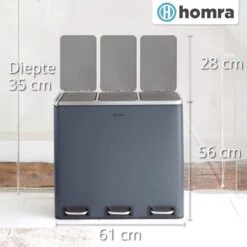 Homra SPARQ Afvalscheiding Prullenbak 3 Vakken - 3 X 18 L Inhoud - 54 Liter - Grijs - RVS - Trio Pedaalemmer - 3-vaks Recycle Afvalemmer - Hygiënisch Afval Scheiden - Grijze Keuken Vuilbak - Kantoor Prullenbak - Pedaal - Afvalscheidingsprullenbak -Huishoudelijke Schoonmaak 1200x1200 2689