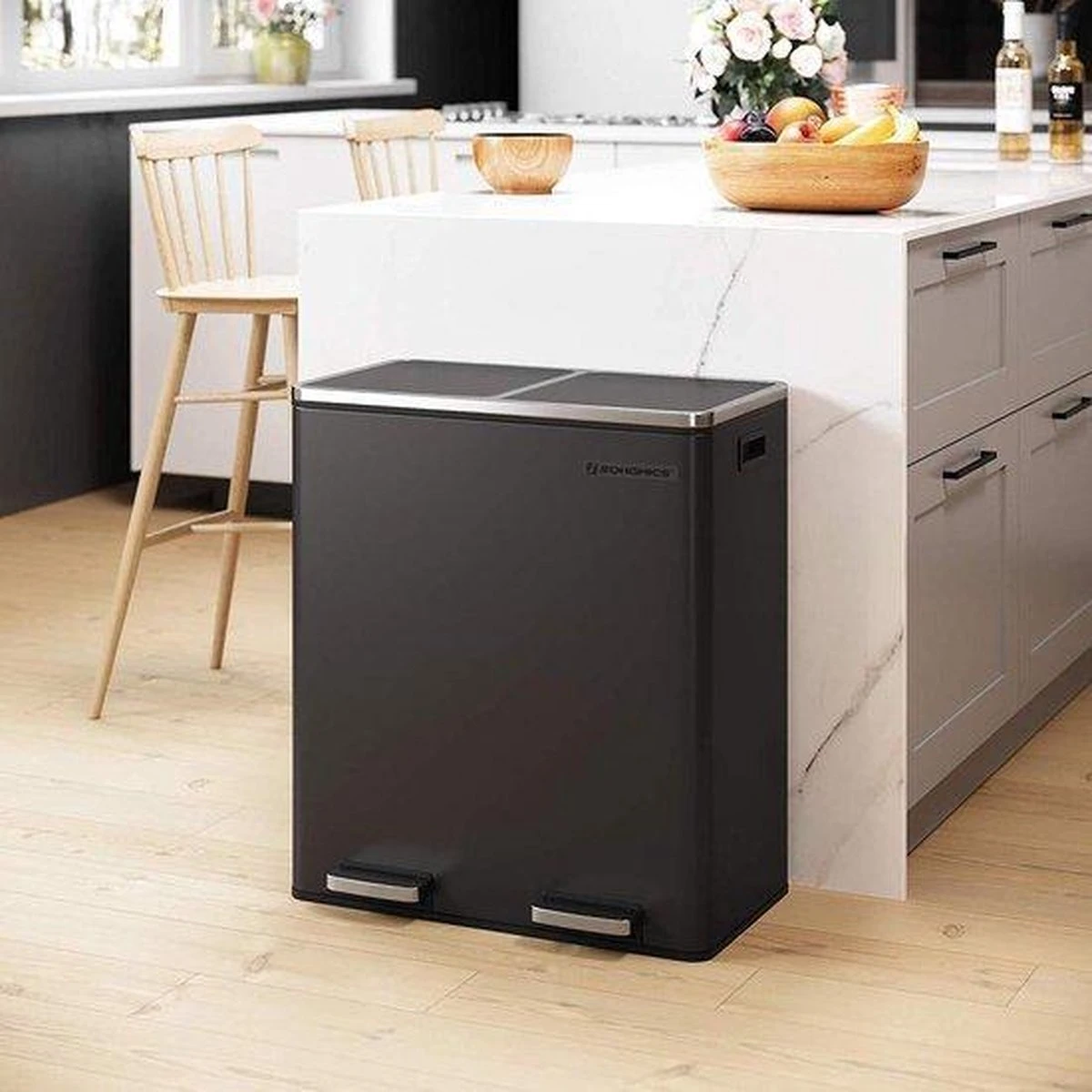 Songmics - Prullenbak - 60 Liter Inhoud (2x30) - Met 2 Gescheiden Bakken - RVS - Zwart 4 Songmics - Prullenbak - 60 Liter Inhoud (2x30) - Met 2 Gescheiden Bakken - RVS - Zwart - Afbeelding 2