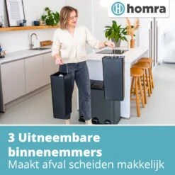 Homra MAXER Pedaalemmer – Prullenbak 3 Vakken – Grijze Afvalemmer 60 Liter (3x 20L) – Trio Prullenbak Grijs – RVS - 3-vaks Prullenbak Afvalscheiding – Afvalbak RVS – Hygiënisch Recyclen - Afval Scheiden - Pedaal Prullenbak Grijs -Huishoudelijke Schoonmaak 1200x1200 2712