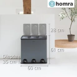 Homra MAXER Pedaalemmer – Prullenbak 3 Vakken – Grijze Afvalemmer 60 Liter (3x 20L) – Trio Prullenbak Grijs – RVS - 3-vaks Prullenbak Afvalscheiding – Afvalbak RVS – Hygiënisch Recyclen - Afval Scheiden - Pedaal Prullenbak Grijs -Huishoudelijke Schoonmaak 1200x1200 2713