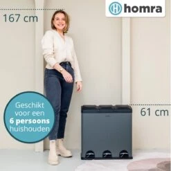 Homra MAXER Pedaalemmer – Prullenbak 3 Vakken – Grijze Afvalemmer 60 Liter (3x 20L) – Trio Prullenbak Grijs – RVS - 3-vaks Prullenbak Afvalscheiding – Afvalbak RVS – Hygiënisch Recyclen - Afval Scheiden - Pedaal Prullenbak Grijs -Huishoudelijke Schoonmaak 1200x1200 2714