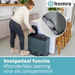 Homra MAXER Pedaalemmer – Prullenbak 3 Vakken – Grijze Afvalemmer 60 Liter (3x 20L) – Trio Prullenbak Grijs – RVS - 3-vaks Prullenbak Afvalscheiding – Afvalbak RVS – Hygiënisch Recyclen - Afval Scheiden - Pedaal Prullenbak Grijs -Huishoudelijke Schoonmaak 1200x1200 2717