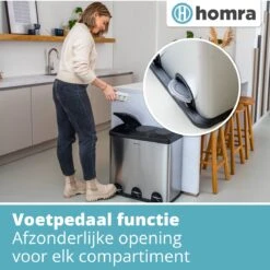 Homra MAXER Pedaalemmer – Prullenbak 3 Vakken – Afvalemmer 60 Liter (3x 20L) – Trio Prullenbak – RVS - 3-vaks Prullenbak Afvalscheiding – Afvalbak RVS – Hygiënisch Recyclen - Afval Scheiden - Pedaal Prullenbak Zilver -Huishoudelijke Schoonmaak 1200x1200 2722