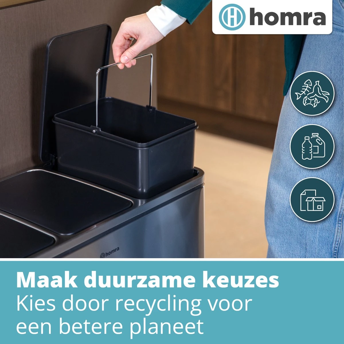 Homra SPARQ Afvalscheiding Prullenbak Met 3 Vakken - 3 X 18 L Inhoud - 54 Liter - RVS - Trio Pedaalemmer - 3-vaks Recycle Afvalemmer - Hygiënisch Afval Scheiden - Vuilbak Zilver - Kantoor Prullenbak - Pedaal Emmer - Afvalscheidingsprullenbak 5 Homra SPARQ Afvalscheiding Prullenbak Met 3 Vakken - 3 X 18 L Inhoud - 54 Liter - RVS - Trio Pedaalemmer - 3-vaks Recycle Afvalemmer - Hygiënisch Afval Scheiden - Vuilbak Zilver - Kantoor Prullenbak - Pedaal Emmer - Afvalscheidingsprullenbak - Afbeelding 3