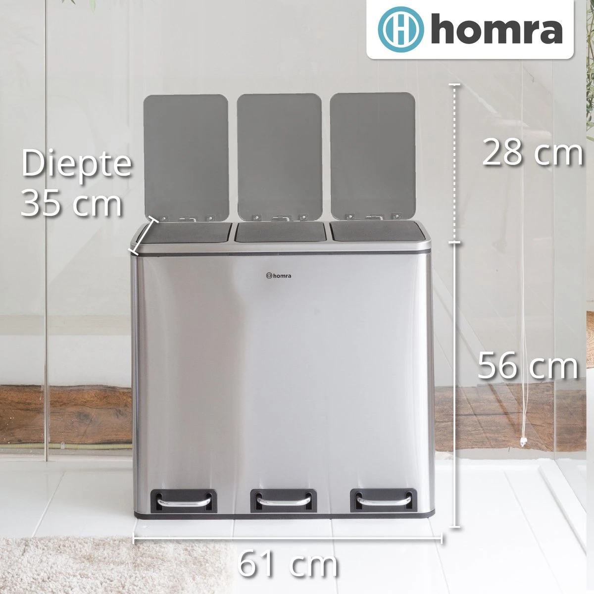 Homra SPARQ Afvalscheiding Prullenbak Met 3 Vakken - 3 X 18 L Inhoud - 54 Liter - RVS - Trio Pedaalemmer - 3-vaks Recycle Afvalemmer - Hygiënisch Afval Scheiden - Vuilbak Zilver - Kantoor Prullenbak - Pedaal Emmer - Afvalscheidingsprullenbak 7 Homra SPARQ Afvalscheiding Prullenbak Met 3 Vakken - 3 X 18 L Inhoud - 54 Liter - RVS - Trio Pedaalemmer - 3-vaks Recycle Afvalemmer - Hygiënisch Afval Scheiden - Vuilbak Zilver - Kantoor Prullenbak - Pedaal Emmer - Afvalscheidingsprullenbak - Afbeelding 5