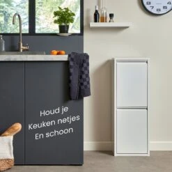 VEEHAUS – Allen - Prullenbak 2 Vakken – Afvalemmer 30 Liter (2x 15L) – Wit - 2-vaks Prullenbak Afvalscheiding – Afvalbak Metaal – Hygiënisch Recyclen - Afval Scheiden - Prullenbak -Huishoudelijke Schoonmaak 1200x1200 2892