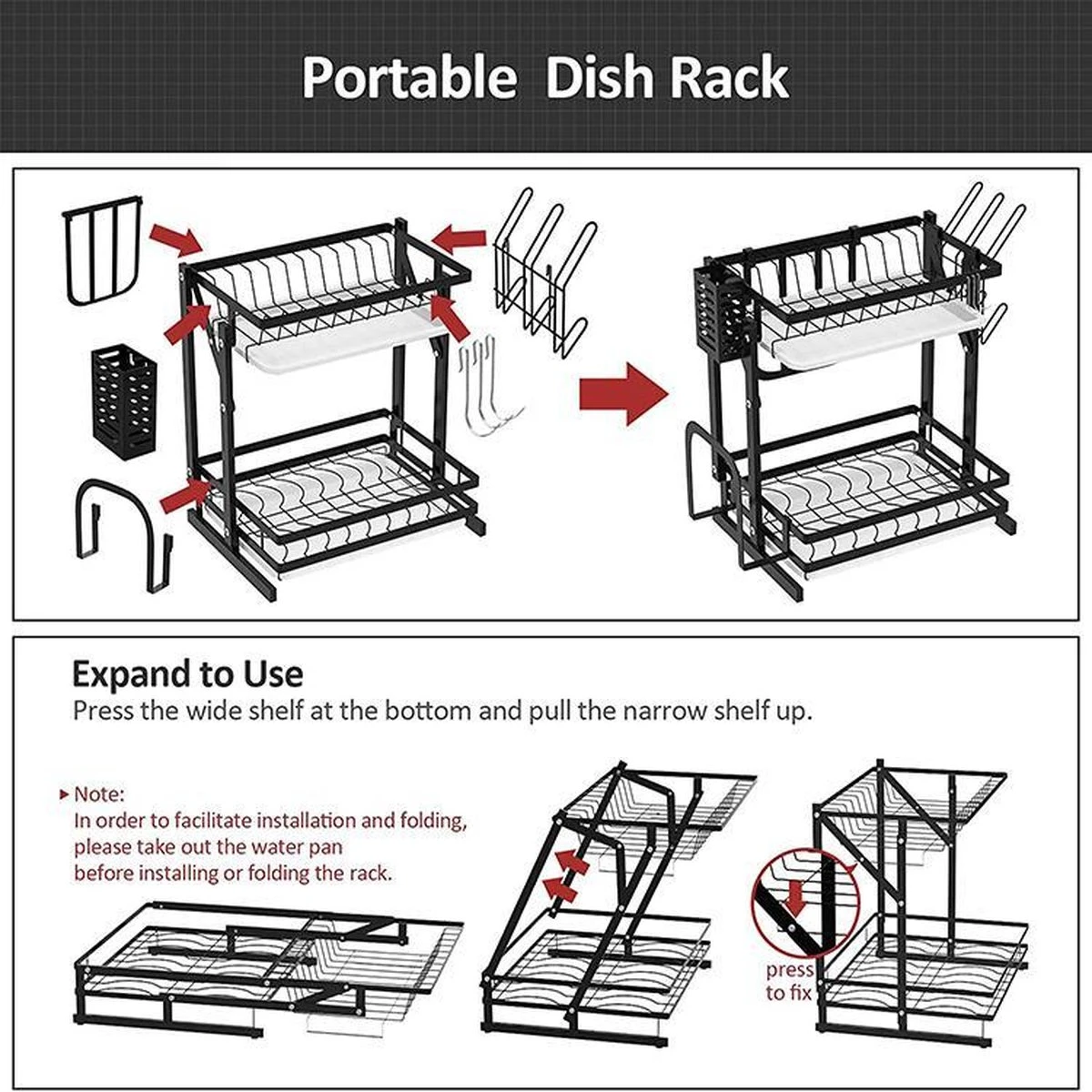 TammaT - Afdruiprek Met Lekbak 2 Laags – Inklapbaar - Afwasrek – Met 2 Lekbakken – Extra Accessories Voor Servies En Snijplanken - RVS - 38x35x26,5cm 5 TammaT - Afdruiprek Met Lekbak 2 Laags – Inklapbaar - Afwasrek – Met 2 Lekbakken – Extra Accessories Voor Servies En Snijplanken - RVS - 38x35x26,5cm - Afbeelding 3
