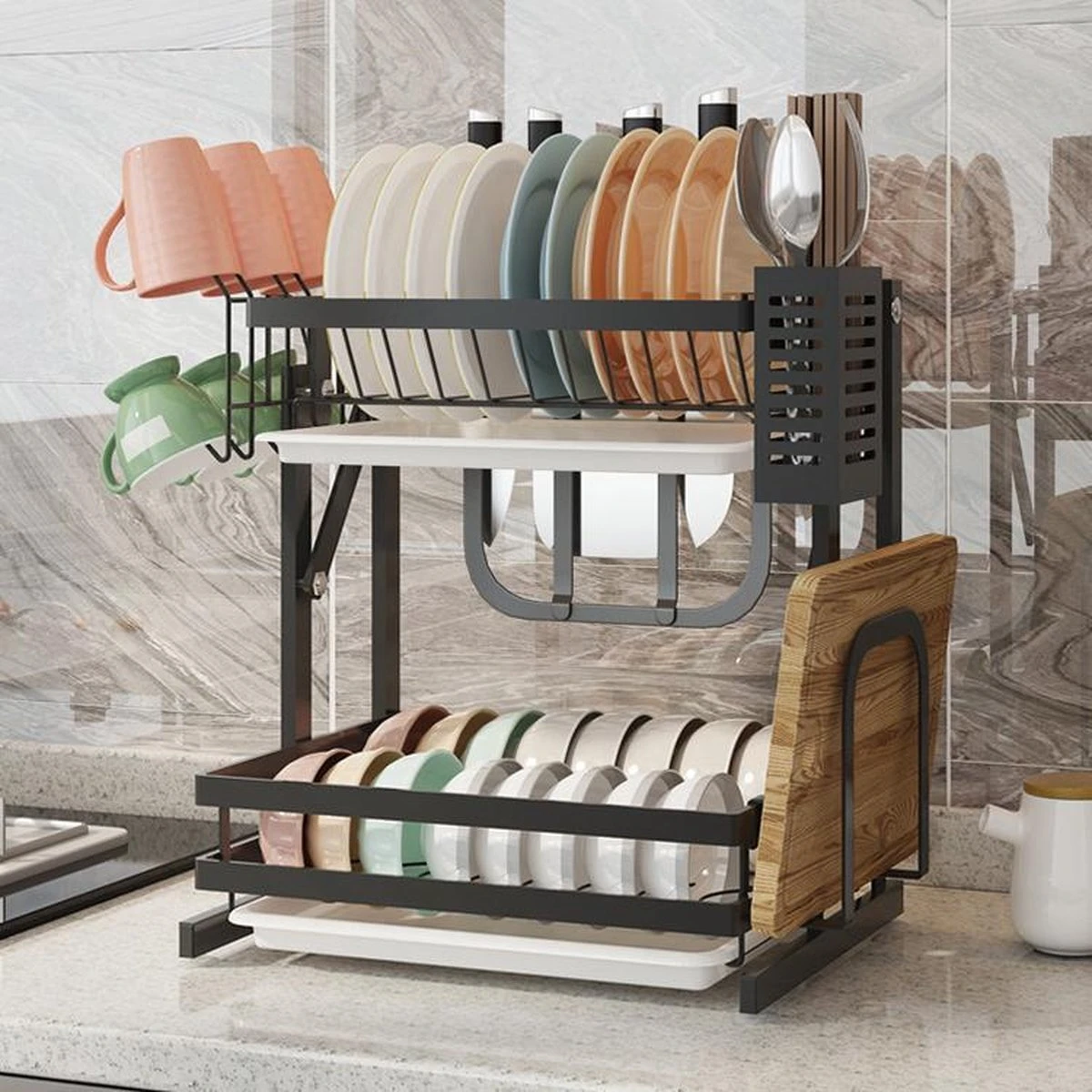 TammaT - Afdruiprek Met Lekbak 2 Laags – Inklapbaar - Afwasrek – Met 2 Lekbakken – Extra Accessories Voor Servies En Snijplanken - RVS - 38x35x26,5cm 10 TammaT - Afdruiprek Met Lekbak 2 Laags – Inklapbaar - Afwasrek – Met 2 Lekbakken – Extra Accessories Voor Servies En Snijplanken - RVS - 38x35x26,5cm - Afbeelding 8